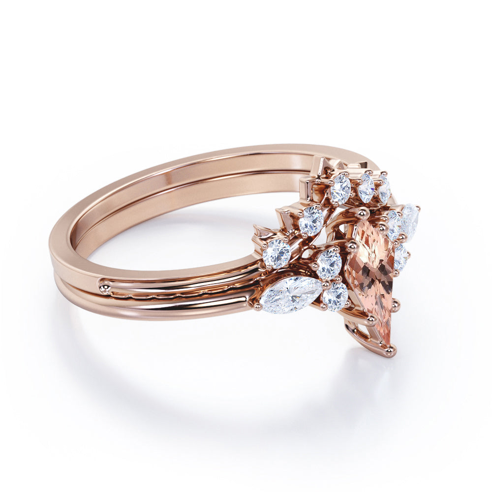Chevron Triad 1.35 carat Kite shaped Peach Pink Morganite and diamond 7 stone Bridal set in Yellow gold