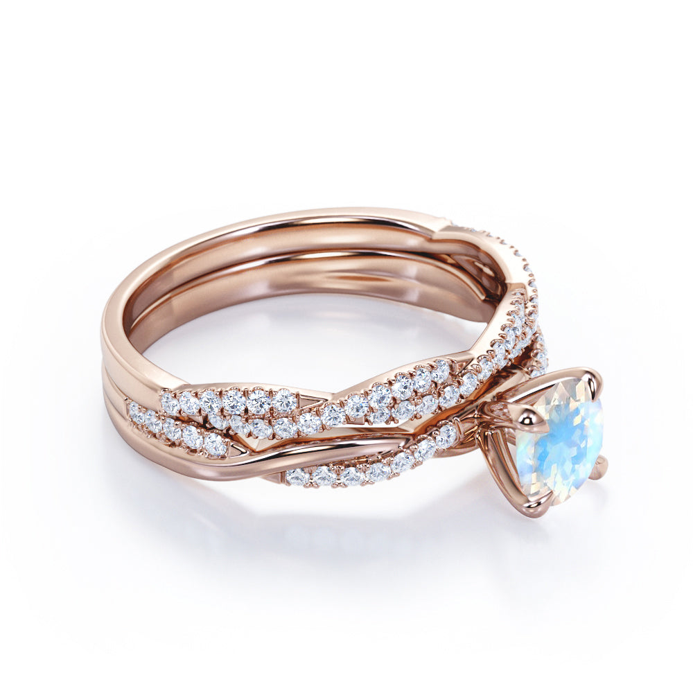 Twisted infinity 1.5 carat Round cut Prong setting Moonstone and diamond Wedding ring set for women in gold
