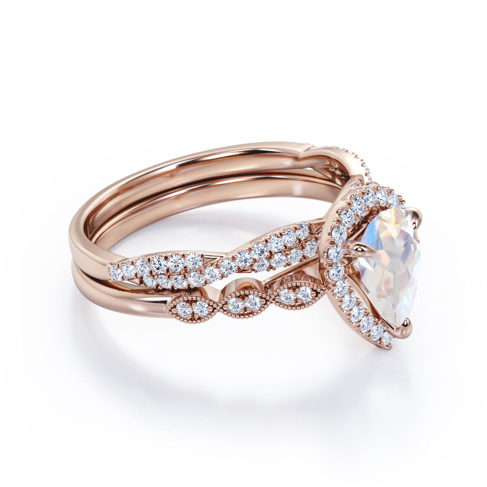 Art deco Antique 1.75 carat Pear shaped Milgrain Moonstone and diamond Wedding ring set- Anniversary ring in White gold