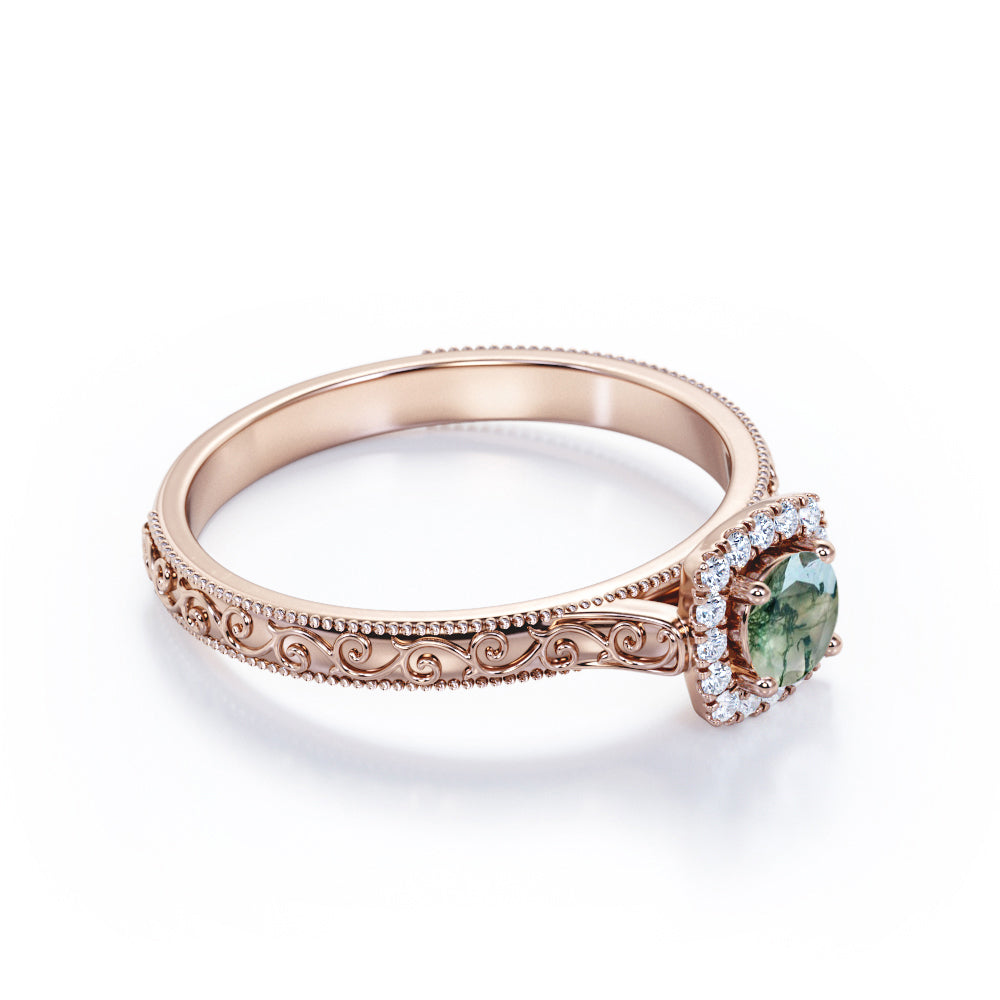 Vintage Victorian style 0.7 carat Round cut Moss green Agate and diamond milgrain halo engagement ring in White gold