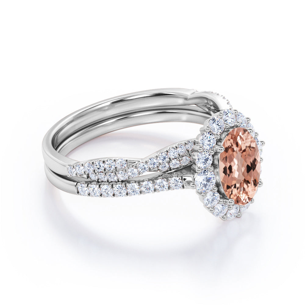 Cluster Halo 1.75 carat Oval cut Morganite and pave diamond - shared prong setting - half-infinity wedding ring set for women in White gold