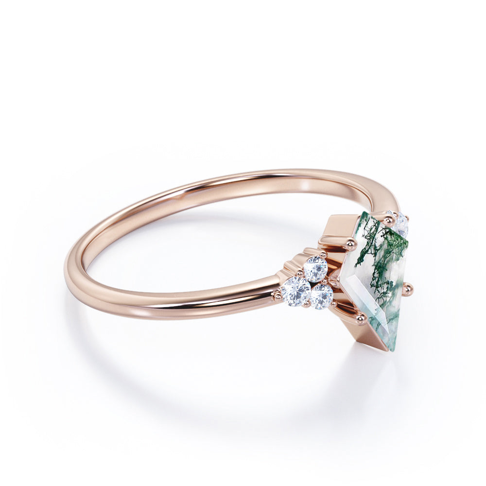 Elegant 1.1 carat Kite shaped Moss Green Agate and diamond 7 stone engagement ring in Black gold