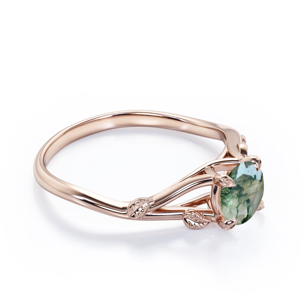 Branchlet Shank 1 carat Round cut Moss Green Agate vine and leaf engagement ring in White gold