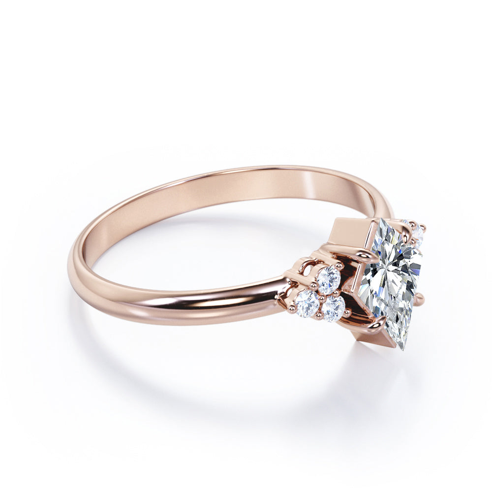 Unique Claw prong 1 carat Kite shaped Moissanite and diamond vintage style engagement ring in White gold