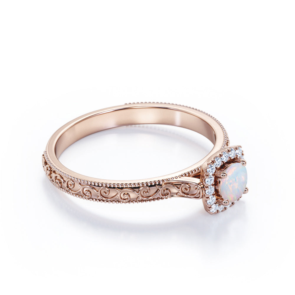 Vintage Halo 0.65 carat Round cut Australian boulder opal and diamond edwardian art deco engagement ring in White gold