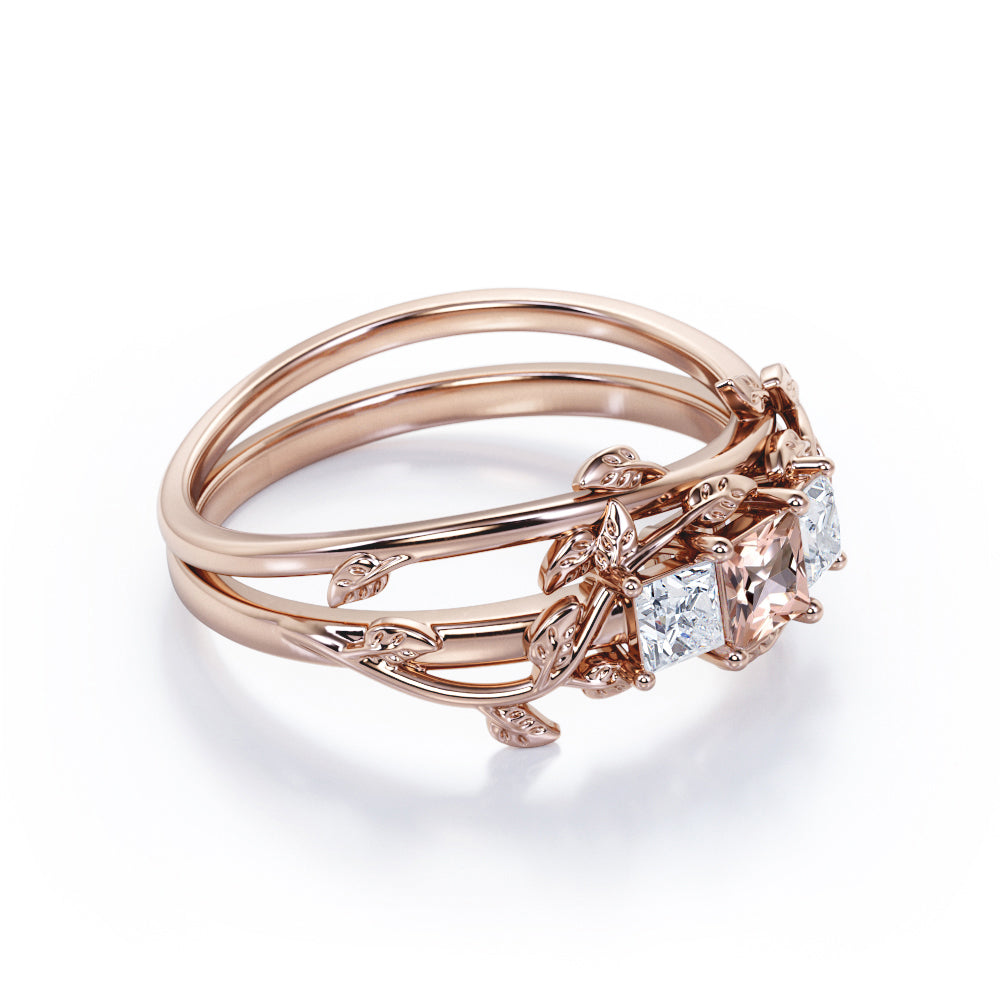 Past, Present, Future 1.1 carat Princess cut Morganite and diamond earthy engagement ring set in White gold-Bridal set