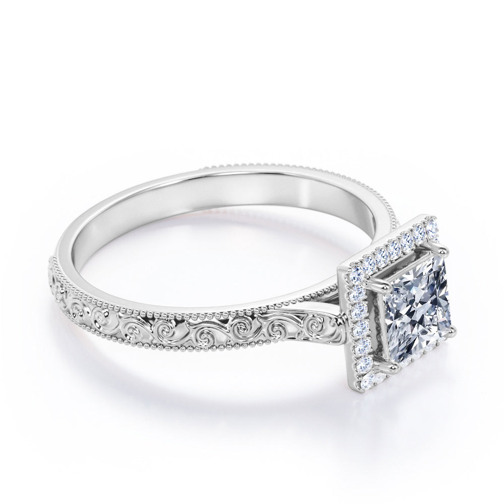 1.15 carat Princess cut Moissanite and diamond vintage filigree engagement ring in Black gold