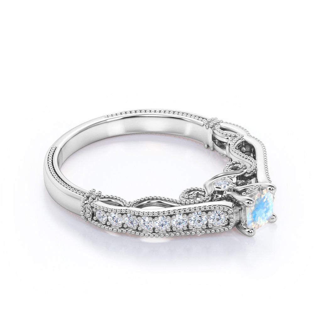 Authentic Filigree and Milgrain 0.75 carat Round cut Rainbow Moonstone and diamond art deco engagement ring in Yellow gold