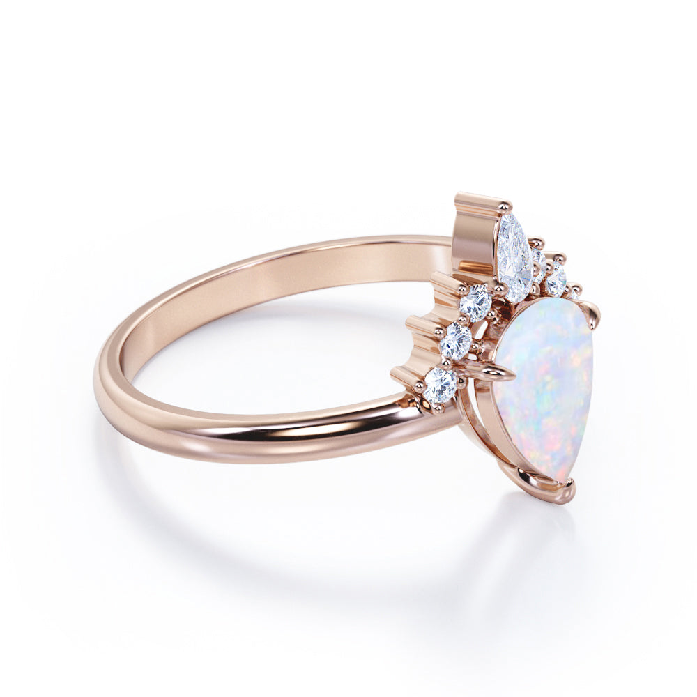 Antique Crown inspired 1.15 carat Pear cut Ethiopian Opal and diamond claw prong setting engagement ring in Rose gold