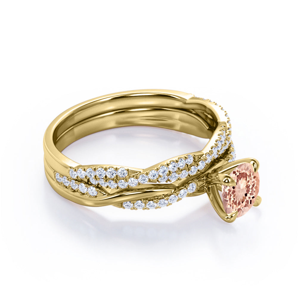 Classic claw prong 1.5 carat Round cut Peach Morganite and diamond Infinity wedding ring set in White gold.