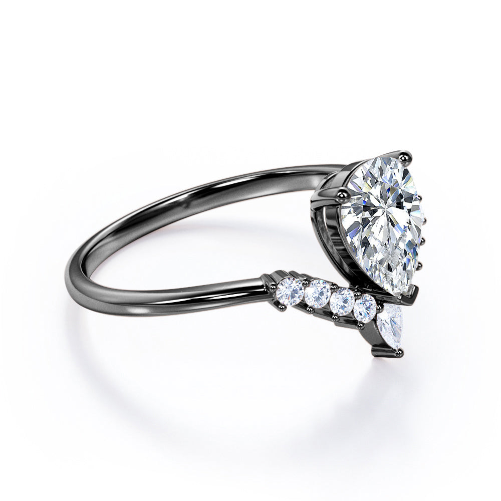 Antique V-shaped 1.15 carat Pear cut Moissanite and diamond engagement ring in White gold