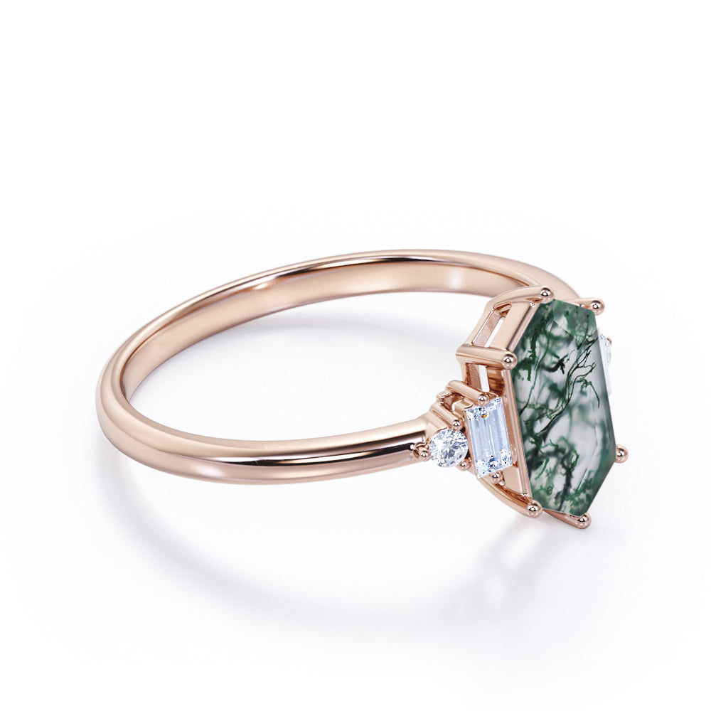 Eccentric 5 stones 1.1 carat Hexagon shaped Moss Green Agate and diamond anniversary ring in White gold