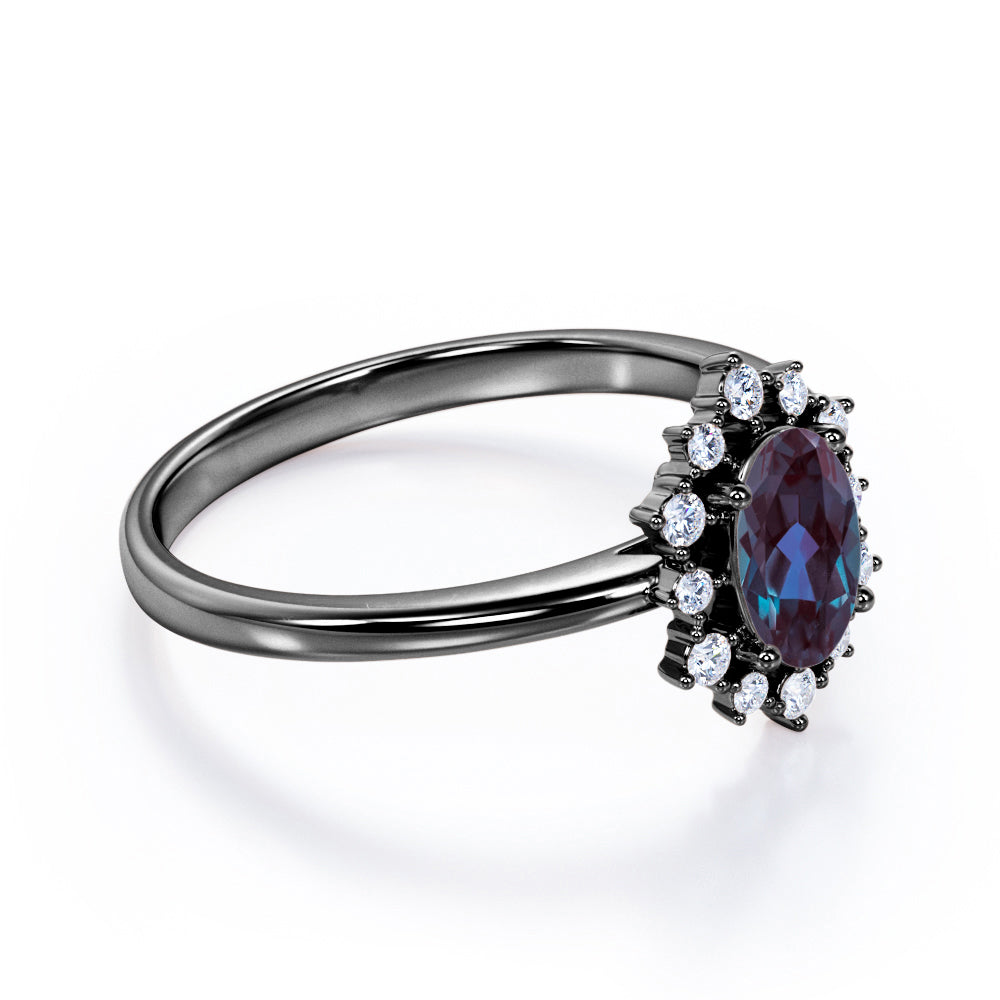 Snowflake Cluster 1.25 carat Oval shaped Alexandrite and diamond floral halo engagement ring in Black gold