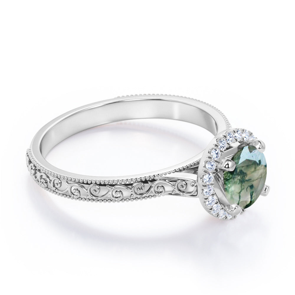 1.25 carat Round cut Moss Agate and diamond Edwardian filigree and halo engagement ring in Black gold