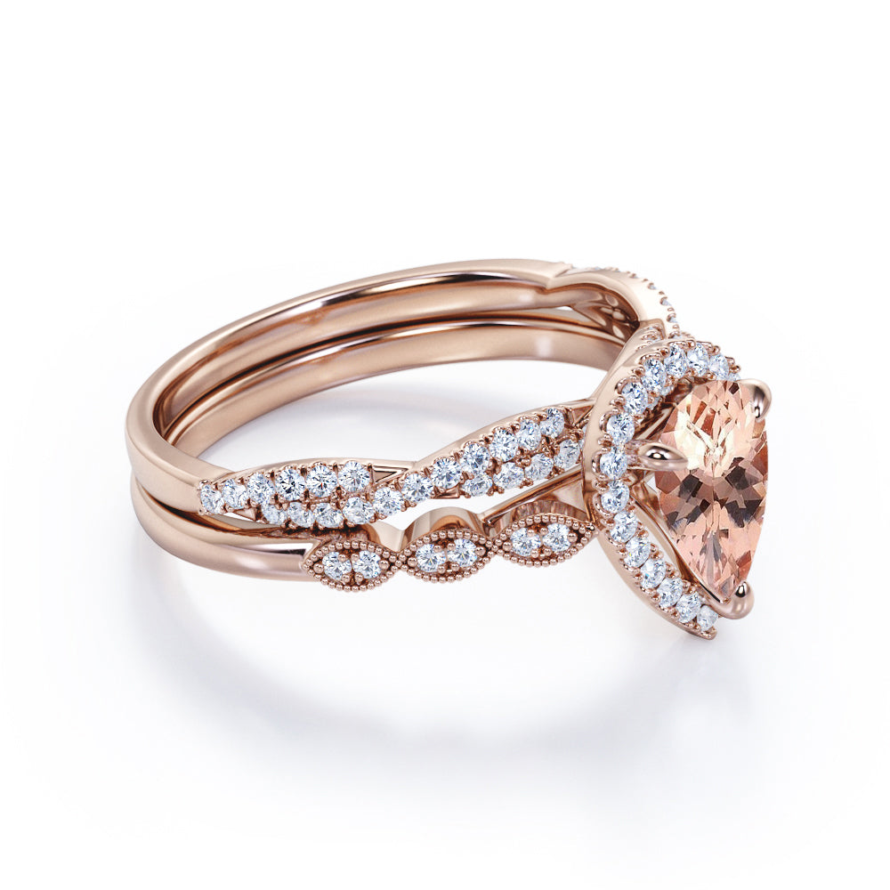 Pear Halo 1.75 carat Tear drop Morganite and diamond Milgrain and infinity wedding ring set for her