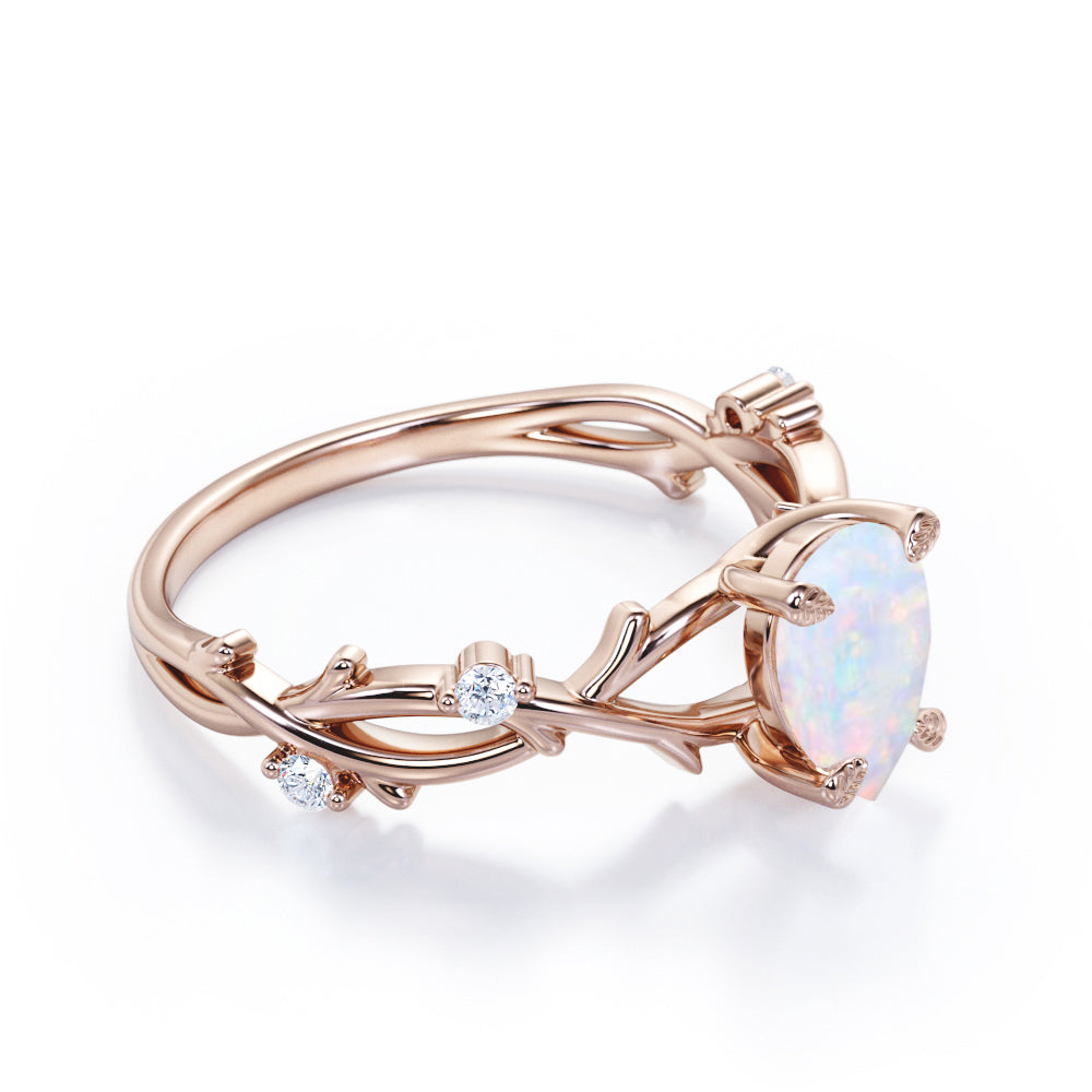 Vintage twig 1 carat Pear cut Ethiopian Opal and diamond forest engagement ring in White gold
