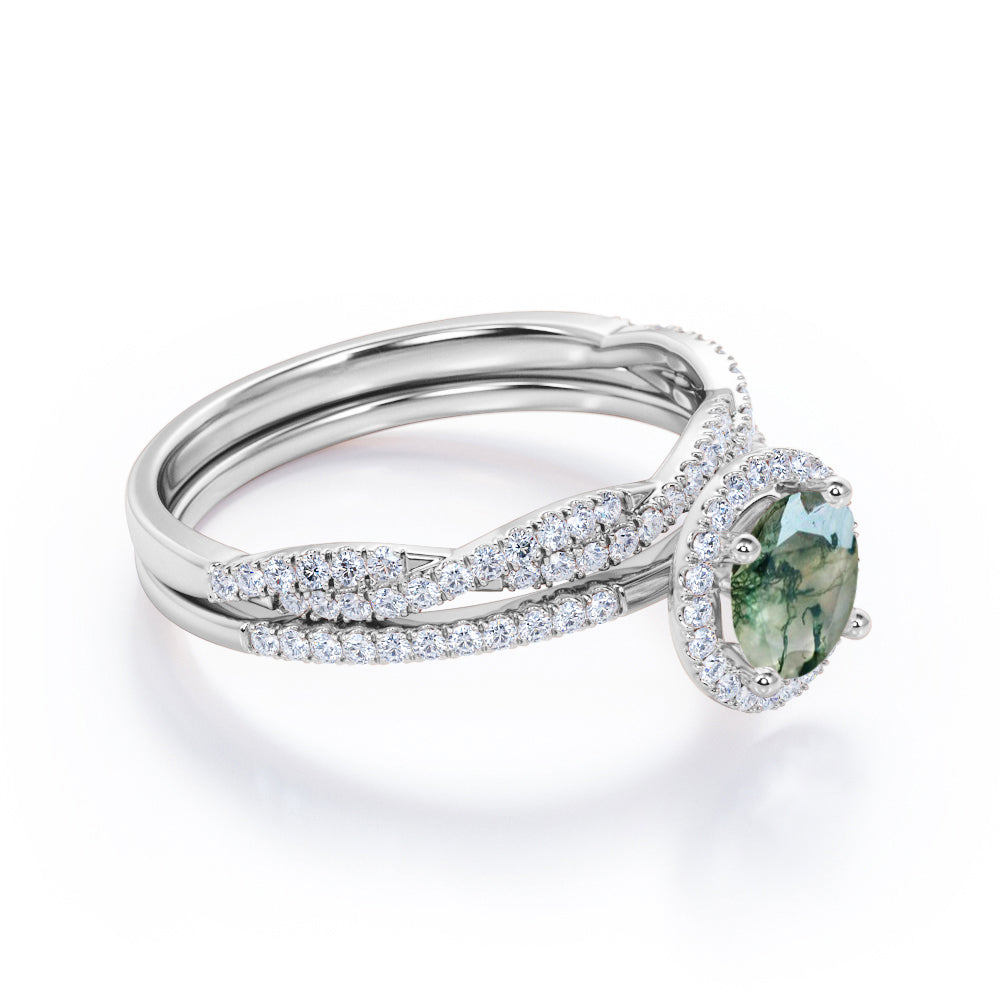 Classic Halo 1.75 carat Round cut Moss Green Agate and diamond Art deco Anniversary ring set for her - Wedding ring set