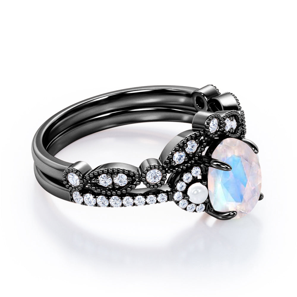 Chevron Milgrain 1.75 carat Oval cut Blue Moonstone, diamond and freshwater pearl wedding ring set for women in Rose gold