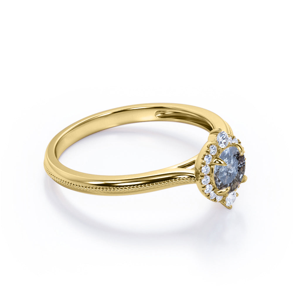 Milgrain Edge 0.55 carat round cut salt and pepper diamond and White diamond artistic halo wedding ring set in White gold