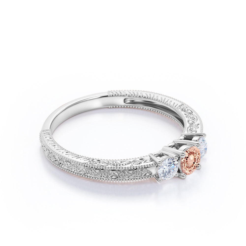 Vintage Milgrain 1.1 carat Round cut Peach Morganite and diamond victorian filigree - three stone engagement ring in White gold