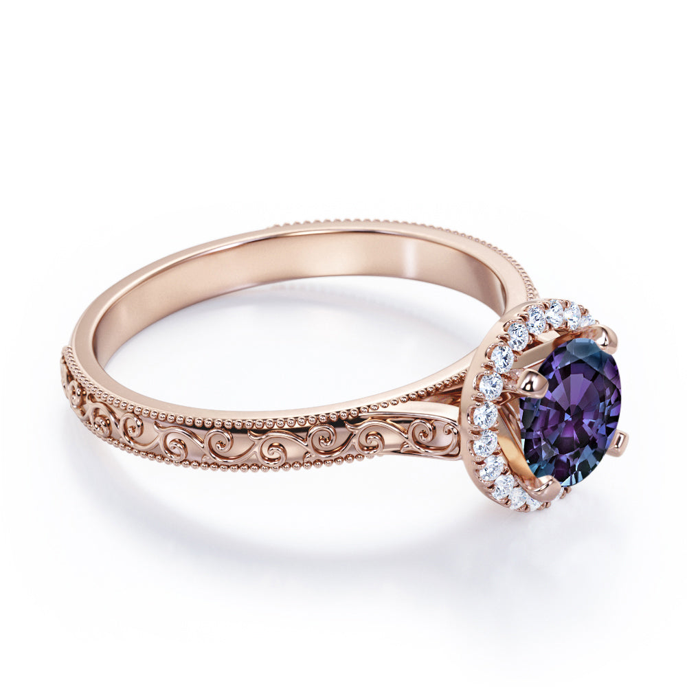Artistic art deco 1.25 carat Round cut Alexandrite and diamond filigree and milgrain engagement ring in Black gold