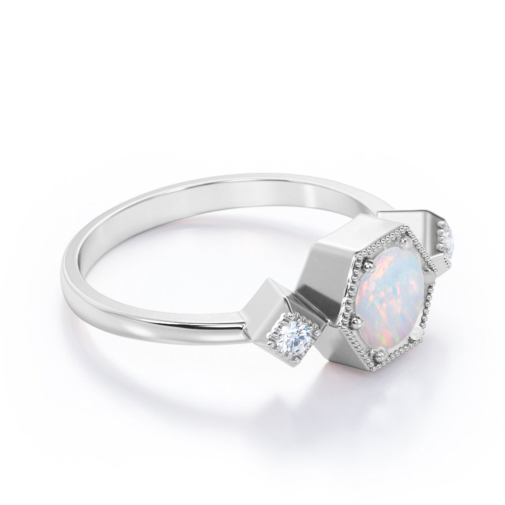 Triple stone 1.10 carat Round cut Ethiopian Opal and diamond 6 prong engagement ring in yellow gold