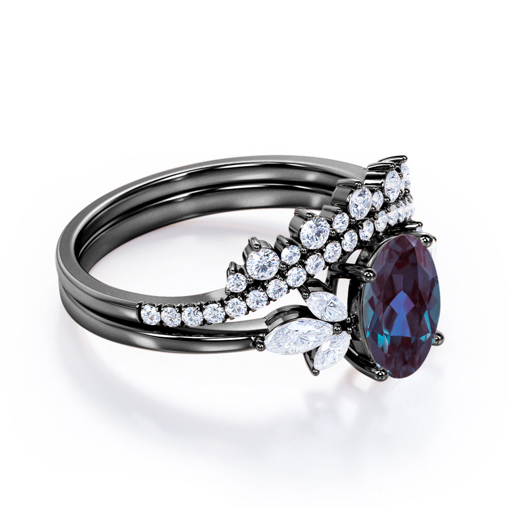 Exquisite Vintage inspired 1.5 carat Oval shaped Lab created Alexandrite and diamond chevron wedding ring set in Rose gold