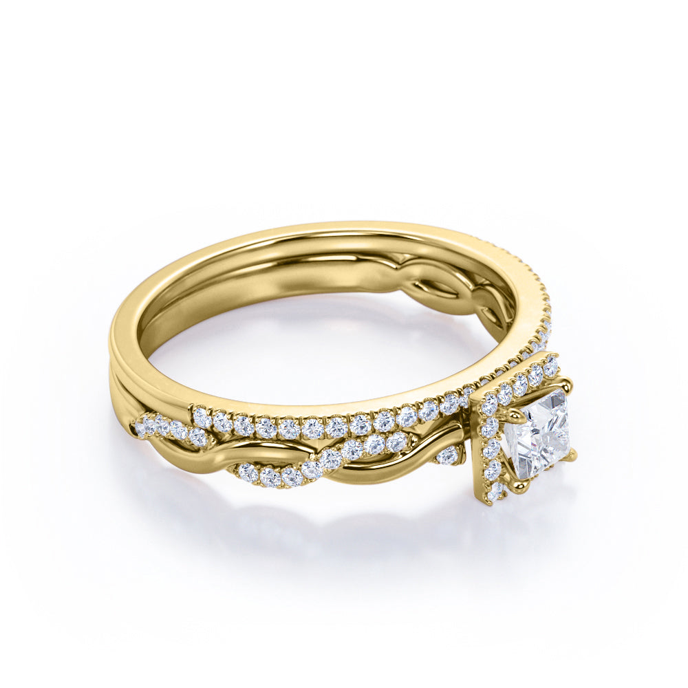 Infinity style 0.8 carat Princess cut Moissanite and diamond twisted halo engagement ring set in rose gold-Bridal set