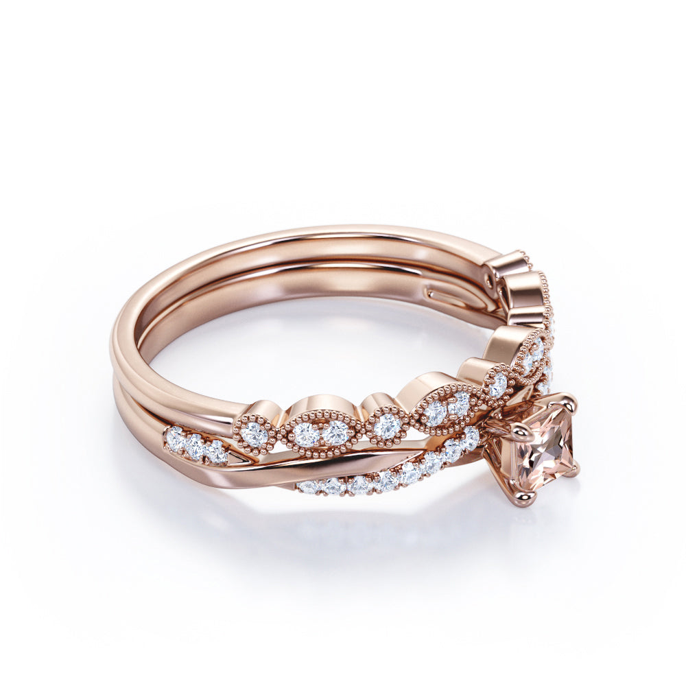 Intertwined vintage 1 carat Princess cut Morganite and diamond Milgrain and infinity wedding ring set in White gold