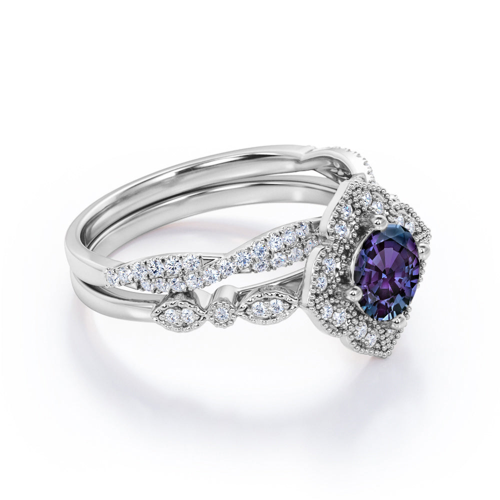 Vintage Floral Halo 1.75 carat round cut Lab created Alexandrite and infinity diamond milgrain wedding ring set in White gold