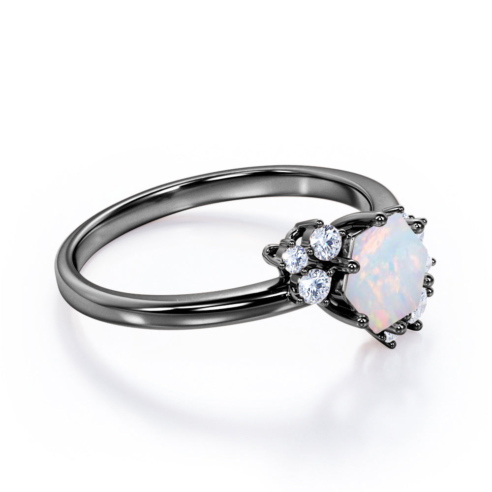 Artistic modern 1.2 carat Hexagon shape Ethiopian Opal and diamond Bridal set for women in White gold