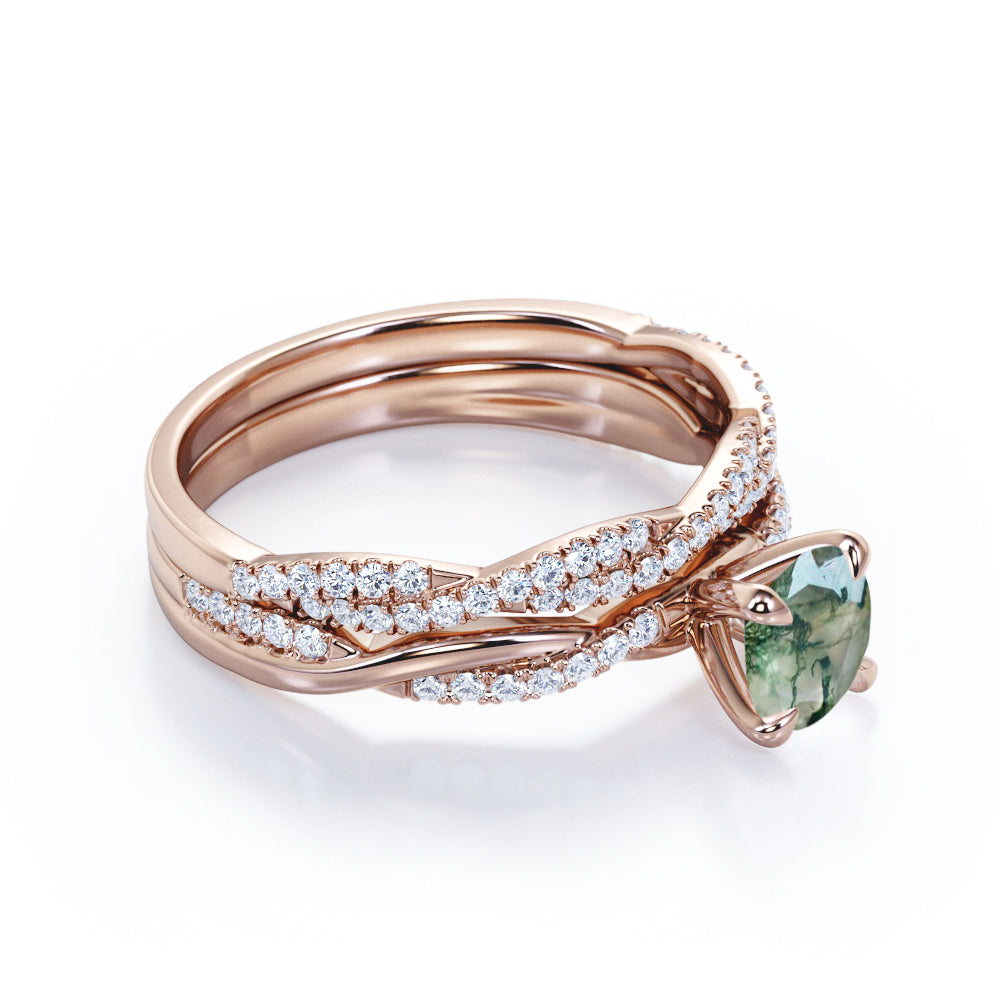 Minimal 4 Prong 1.5 carat Round cut Moss Green Agate and diamond Infinity Bridal set for her