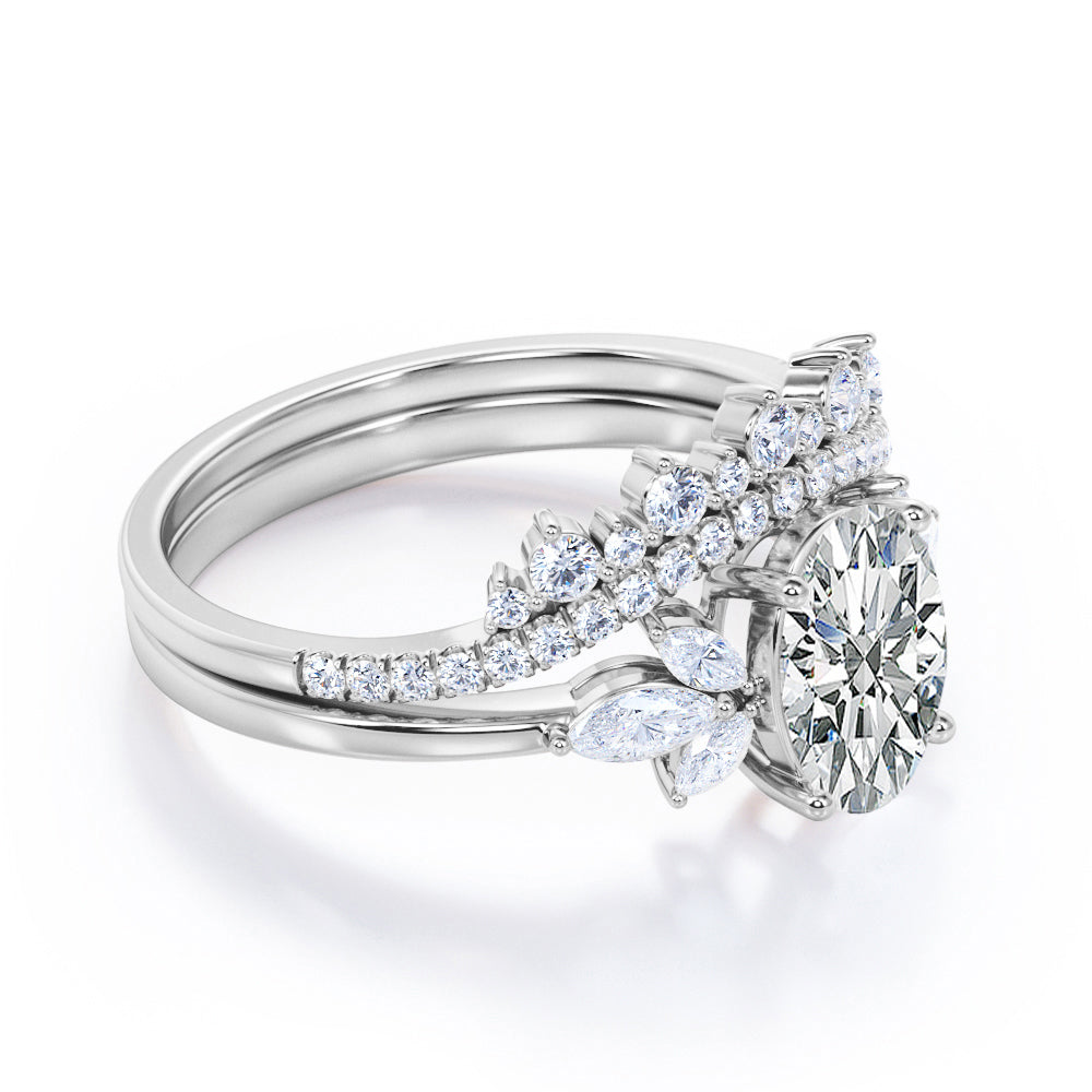 Vintage Sparkle 1.4 carat Oval cut Moissanite and diamonds chevron Bridal set for her in White gold