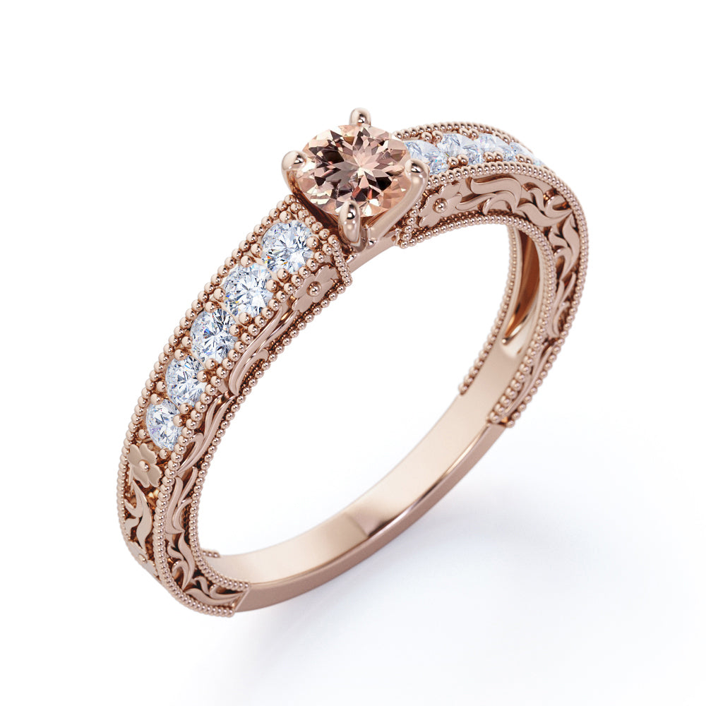 Art Nouveau style 0.75 carat Round cut Peach Morganite and diamond shared prong engagement ring in White gold