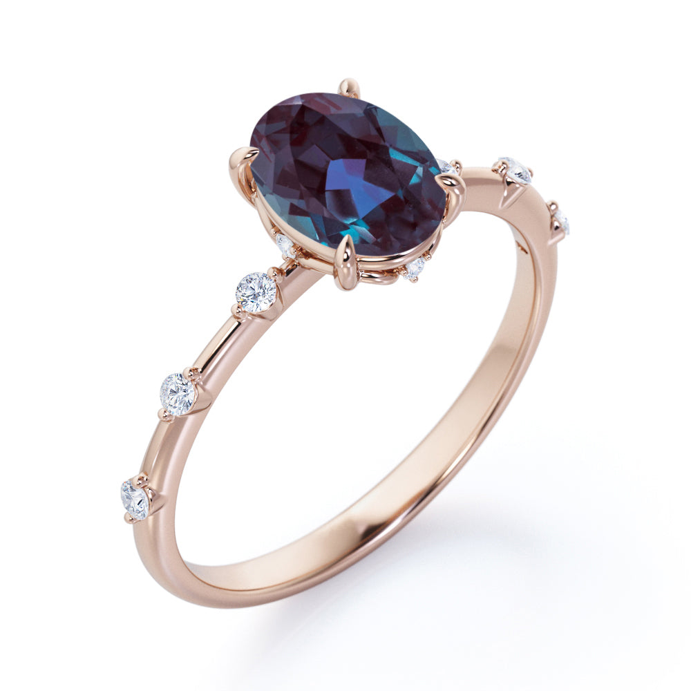 Twig style 1.1 carat Oval shaped Lab made Alexandrite and diamond nature inspired engagement ring in Black gold