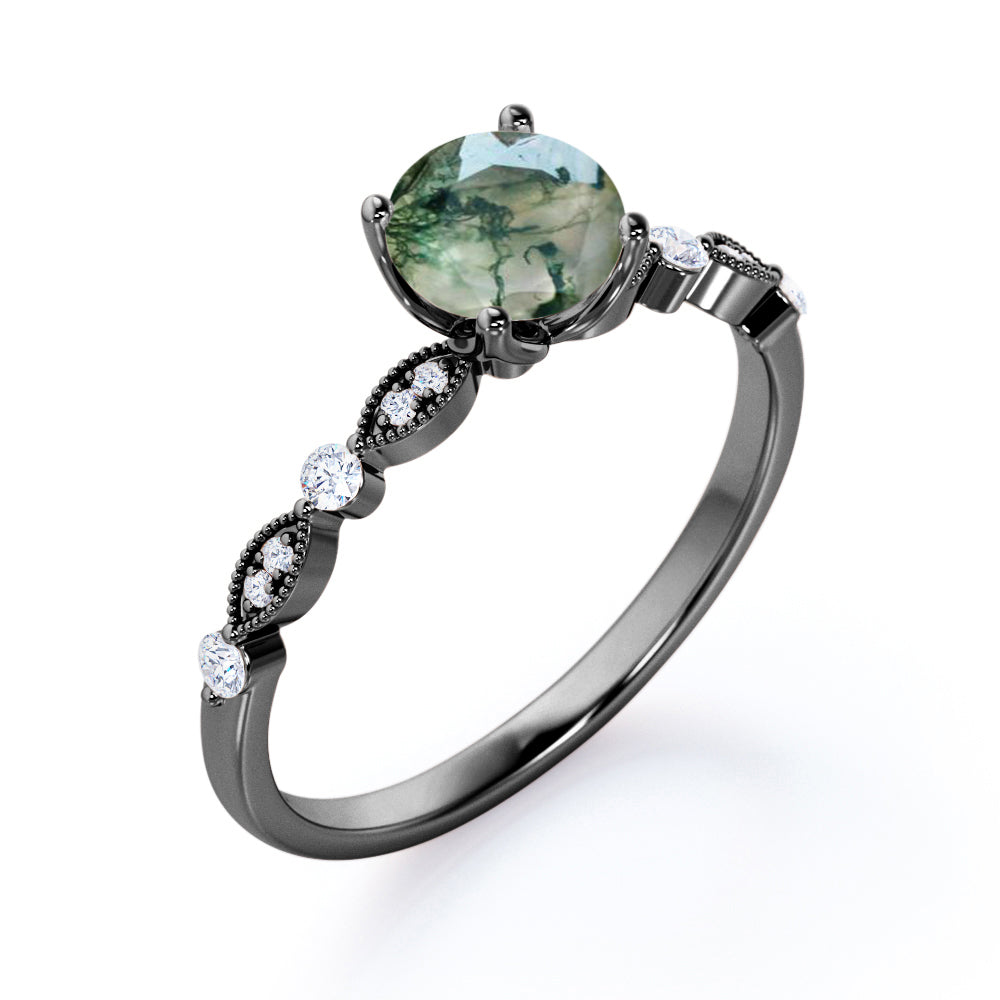 Classic art deco 1.1 carat Round cut Moss Green Agate and diamond engagement ring in White gold