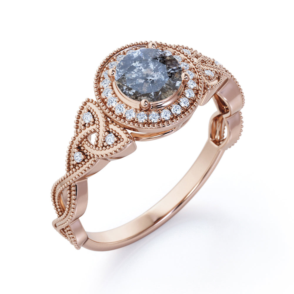 Twisted Vine inspired 0.75 carat Round cut Salt and pepper diamond and White diamond classic halo engagement ring in White gold