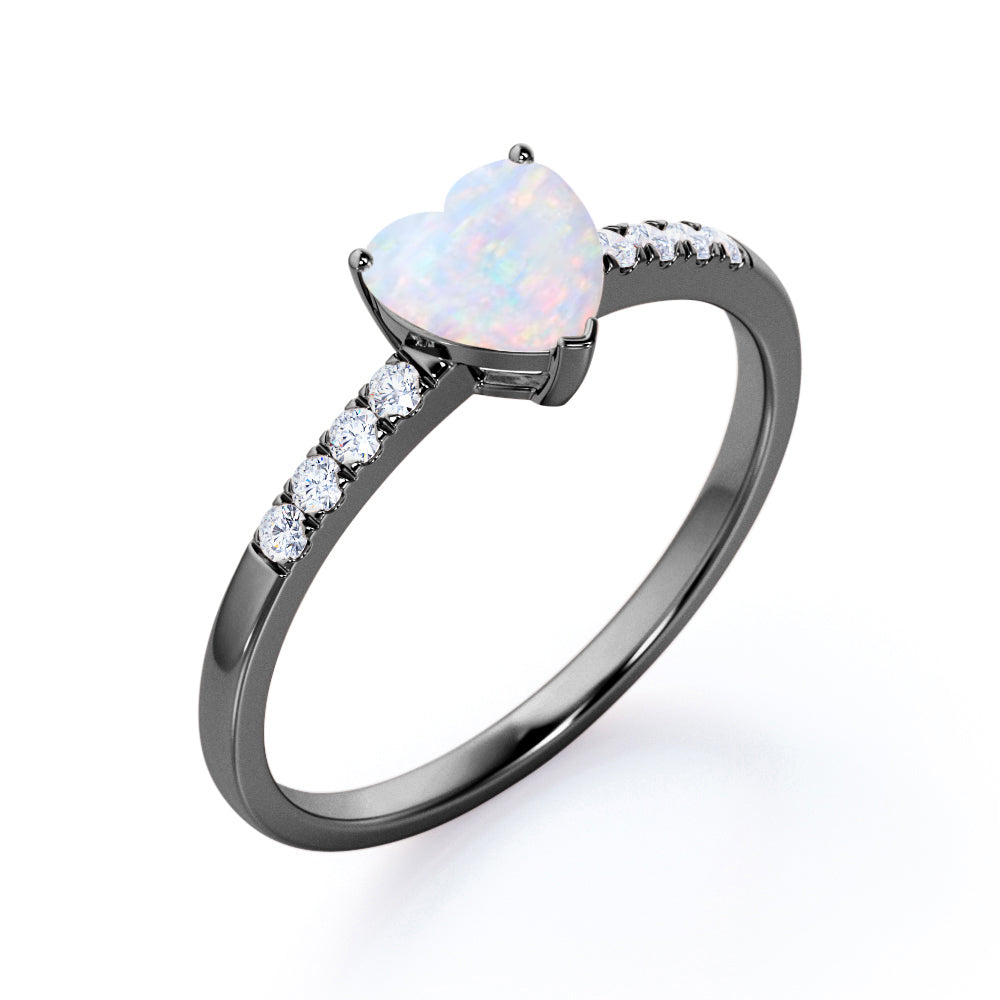 Vintage inspired 1.10 carat heart shaped Ethiopian Opal and diamond pave set engagement ring for her in Rose gold
