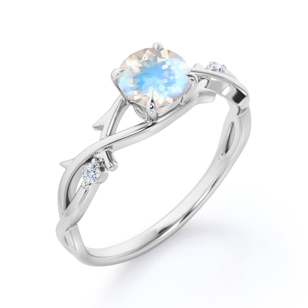 Dainty Branchlet 1.1 carat Round cut Blue Moonstone and diamond nature inspired engagement ring in Black gold