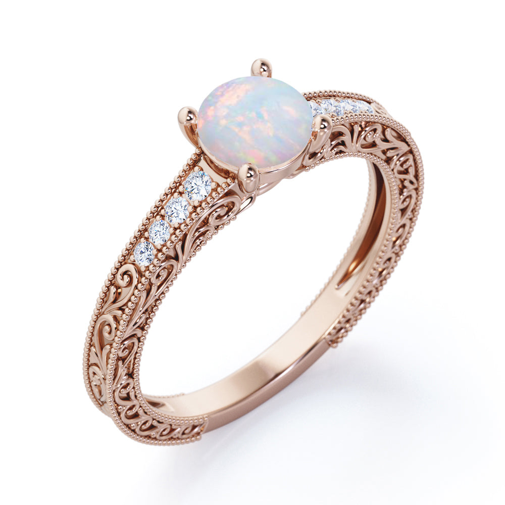 Vintage Edwardian style 1.1 carat Round cut Australian Boulder Opal and diamond filigree and milgrain engagement ring in White gold