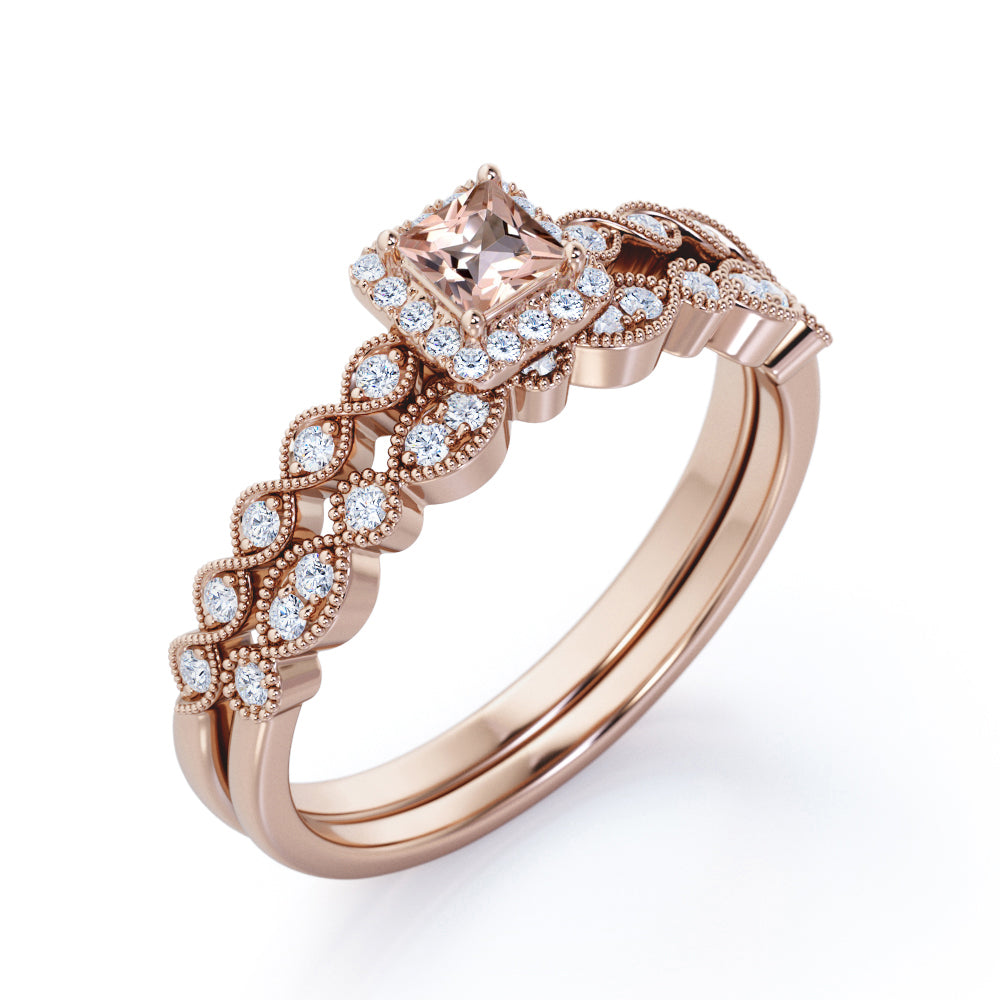 Vintage scalloped 1.25 carat Princess cut Peach Morganite and diamond antique bridal set for women in yellow gold
