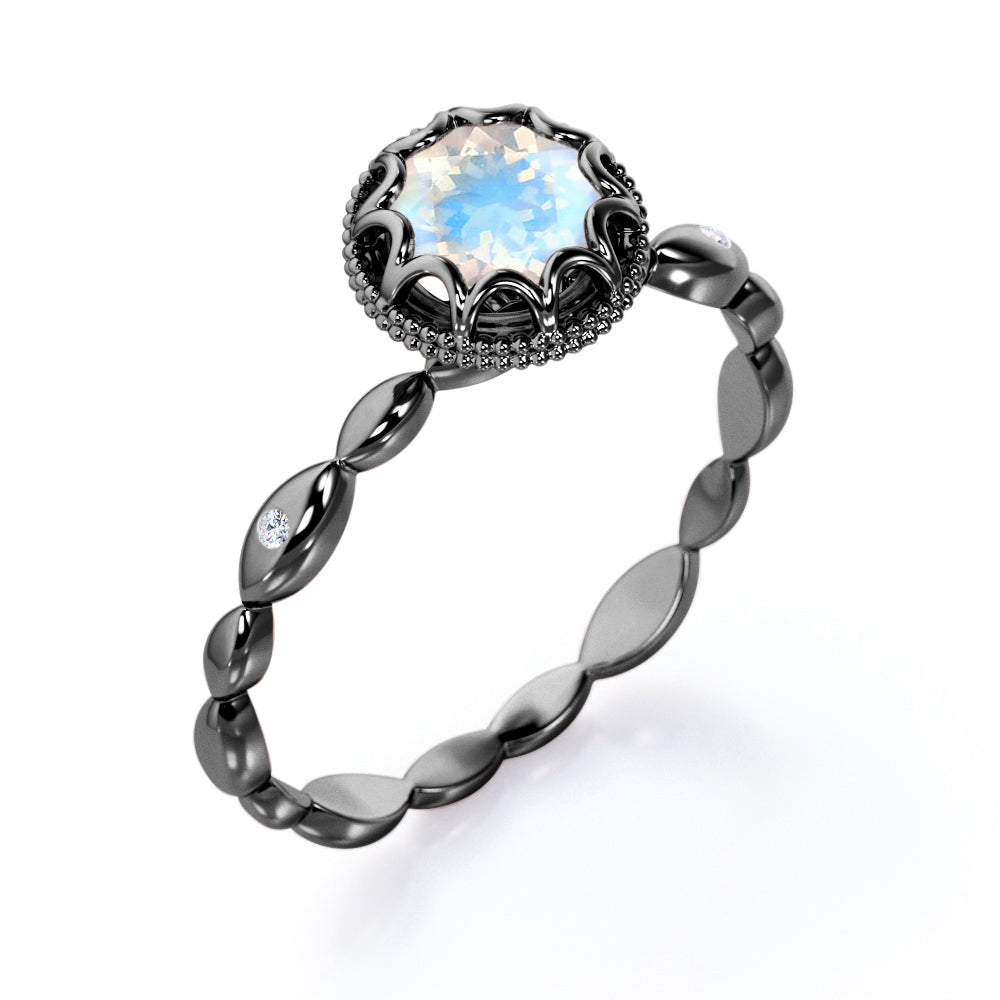 Flower Milgrain Halo 1 carat Round cut Blue Moonstone solitaire infinity engagement ring in White gold