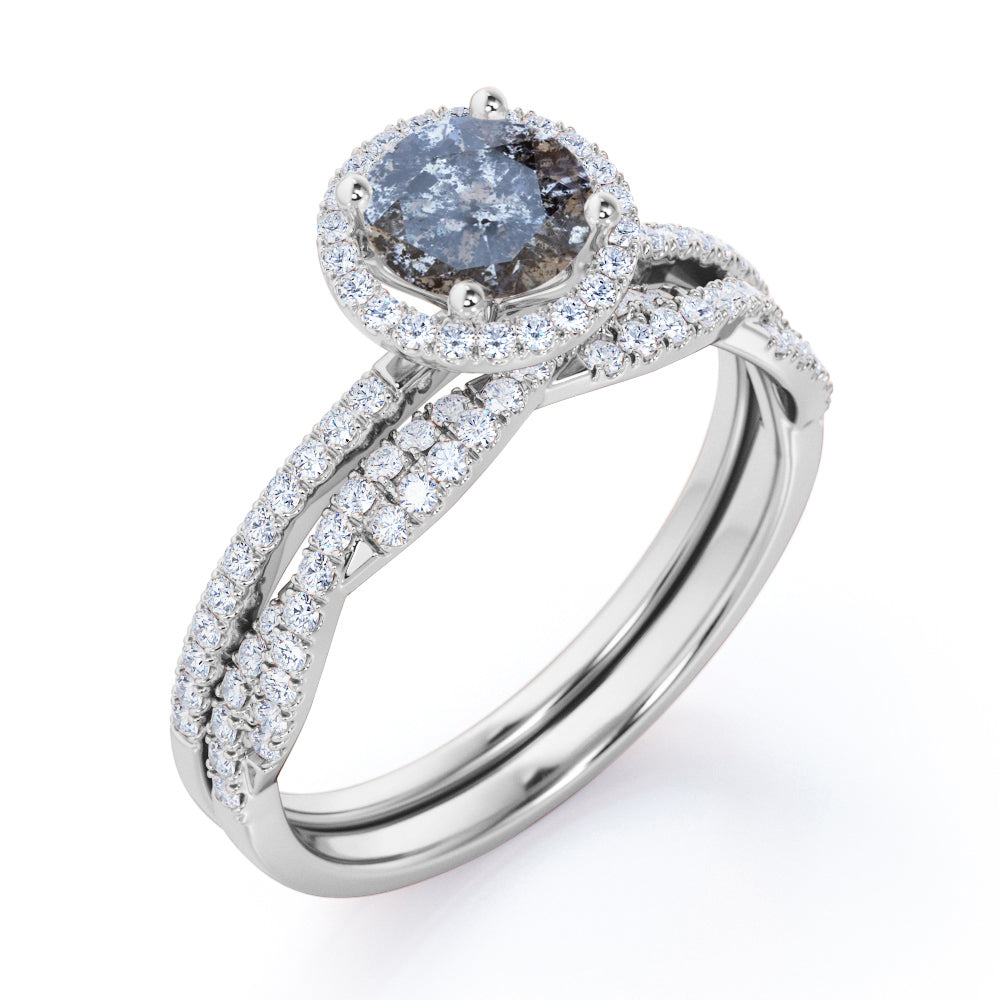 Vintage Halo 1.1 carat Round cut salt and pepper diamond Engagement ring with diamond infinity wedding band - Bridal set in White gold