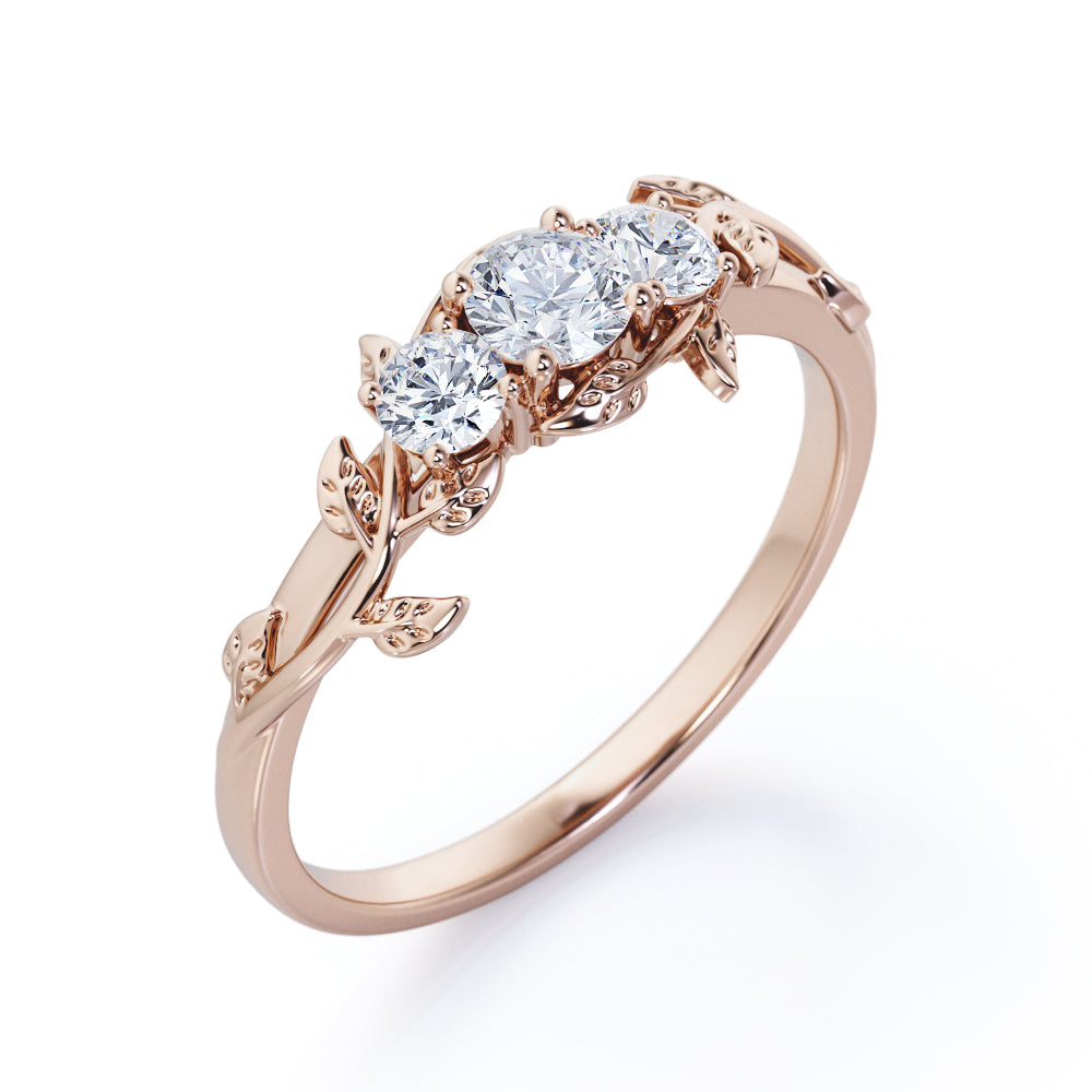 Eccentric Vine and leaf 0.75 carat round cut Moissanite and diamond 3 stone flower ring in White gold- Engagement ring