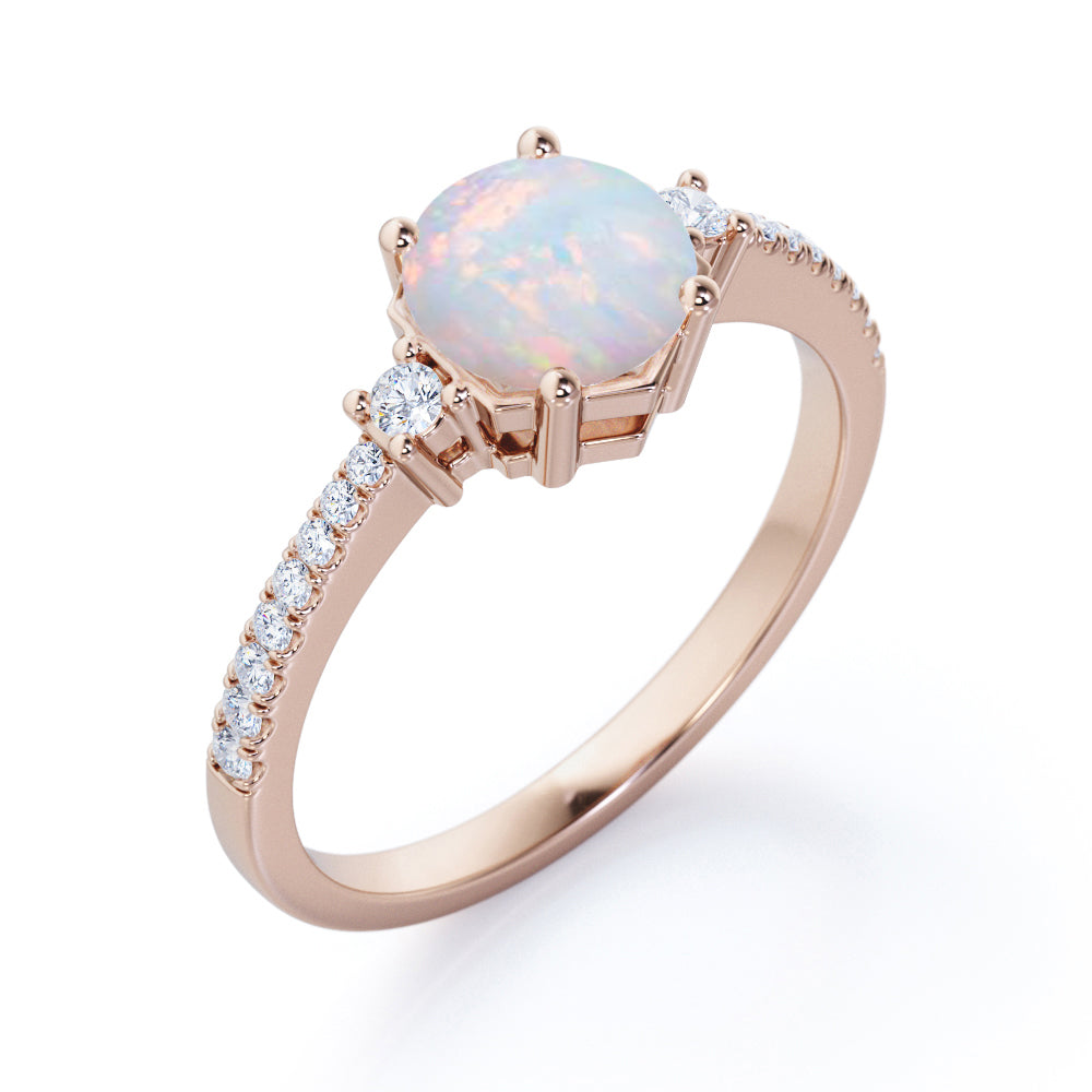 Contemporary 3 stone 1.2 carat Round cut Ethiopian Opal and diamond basket setting low basket setting engagement ring in White gold
