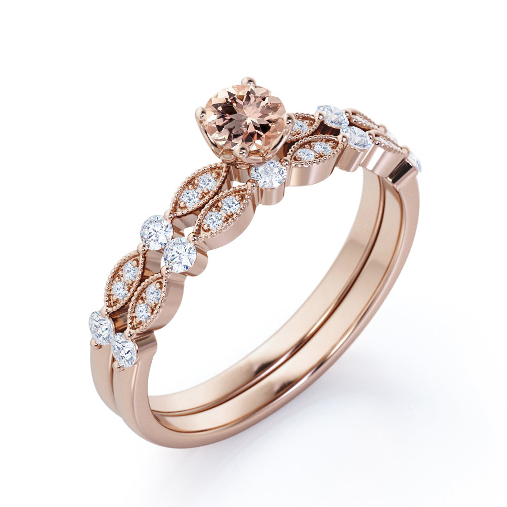 Vintage Antique Design 0.8 carat Round cut Pink Morganite and diamond bridal set for women in Yellow gold