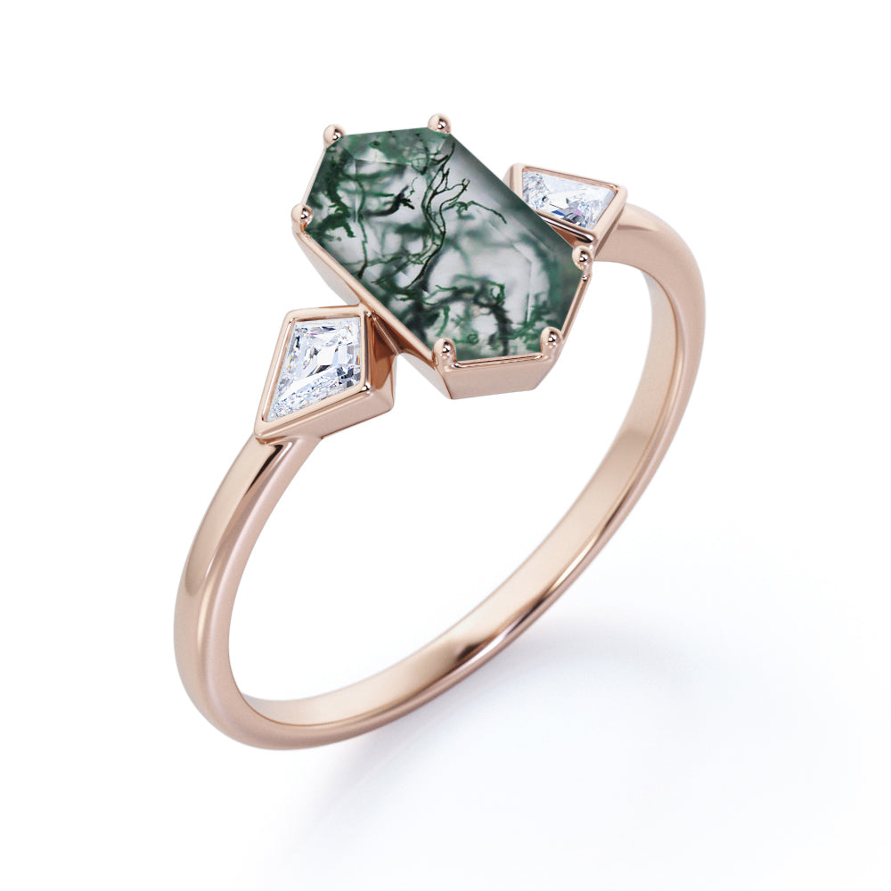 Antique Trinity 1.2 carat Hexagon shaped Moss Green Agate and Kite diamonds engagement ring in White gold