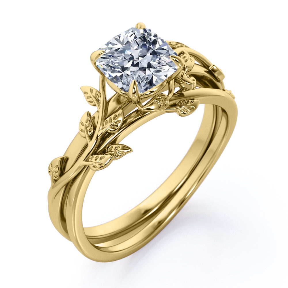 Twist Branch design 1 carat cushion cut Moissanite leaf wedding ring set in White gold