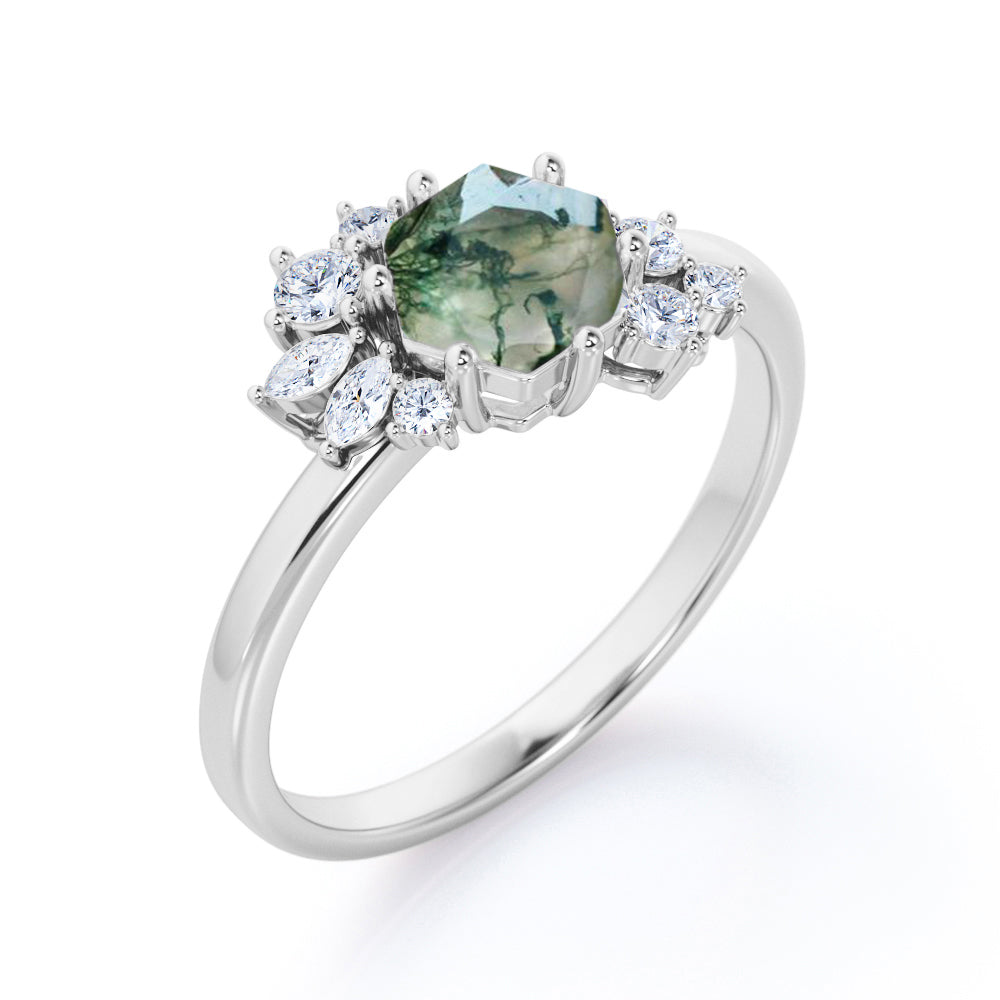 Aesthetic 0.65 carat Hexagon shaped Moss Green Agate and diamond art deco inspired engagement ring in Black gold