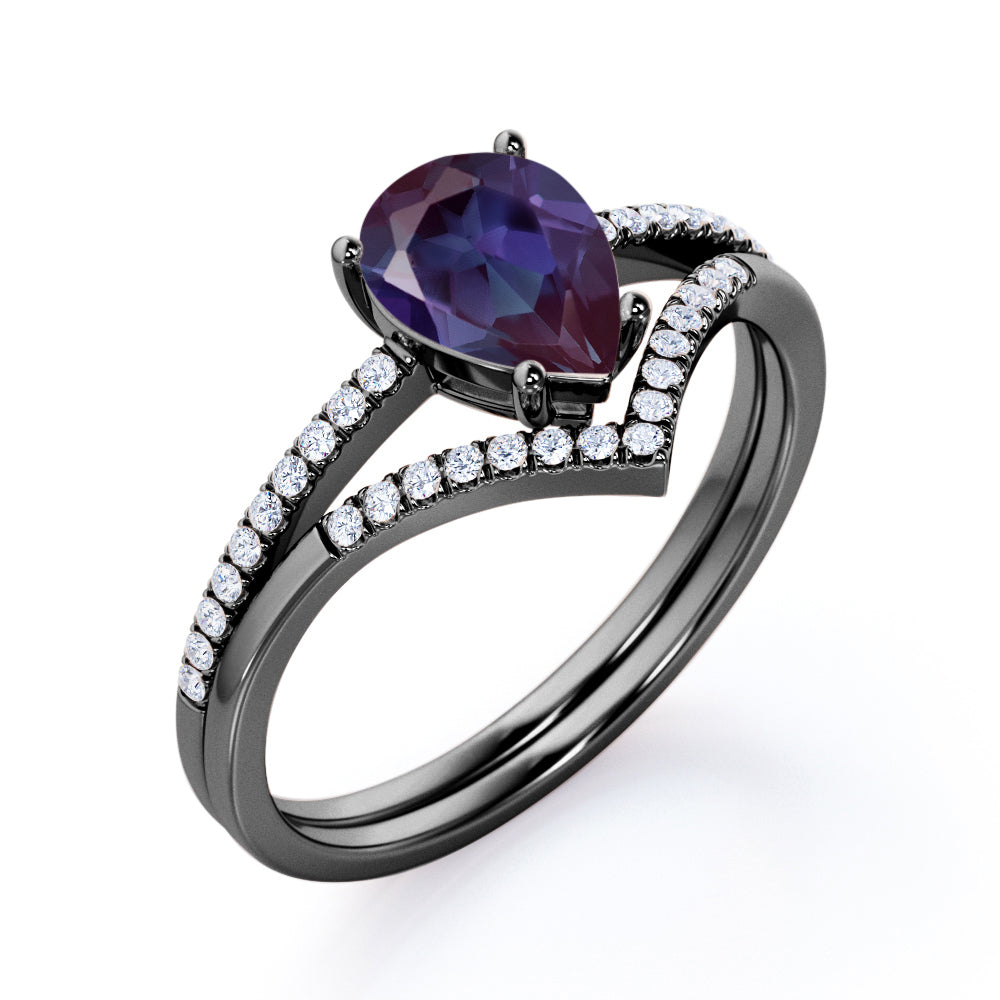 Simple Chevron 1.35 carat Pear shaped Lab created Alexandrite and diamond pave set wedding ring set in Black gold